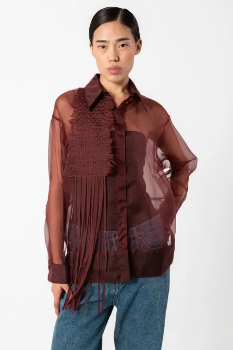 Lina Shirt with Handwoven Detail — Burgundy