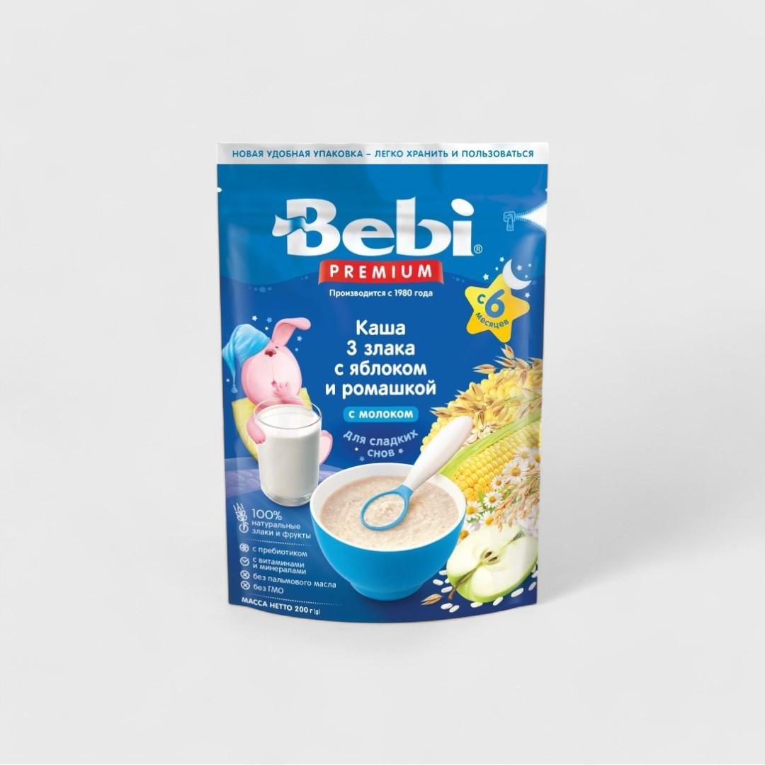 Bebi кашка 3 злака с яблоком и ромашкой, 6 мес 200гр, 9шт