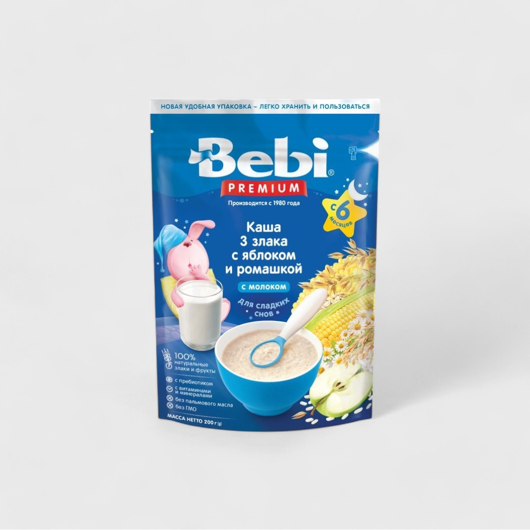 Bebi кашка 3 злака с яблоком и ромашкой, 6 мес 200гр, 9шт