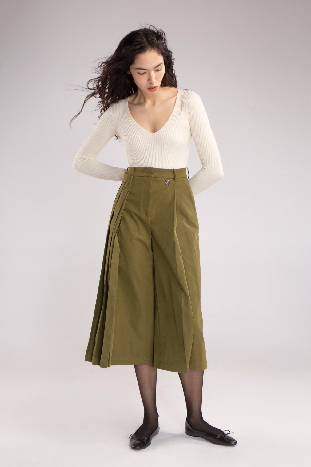 Khaki Culottes with Front Drape