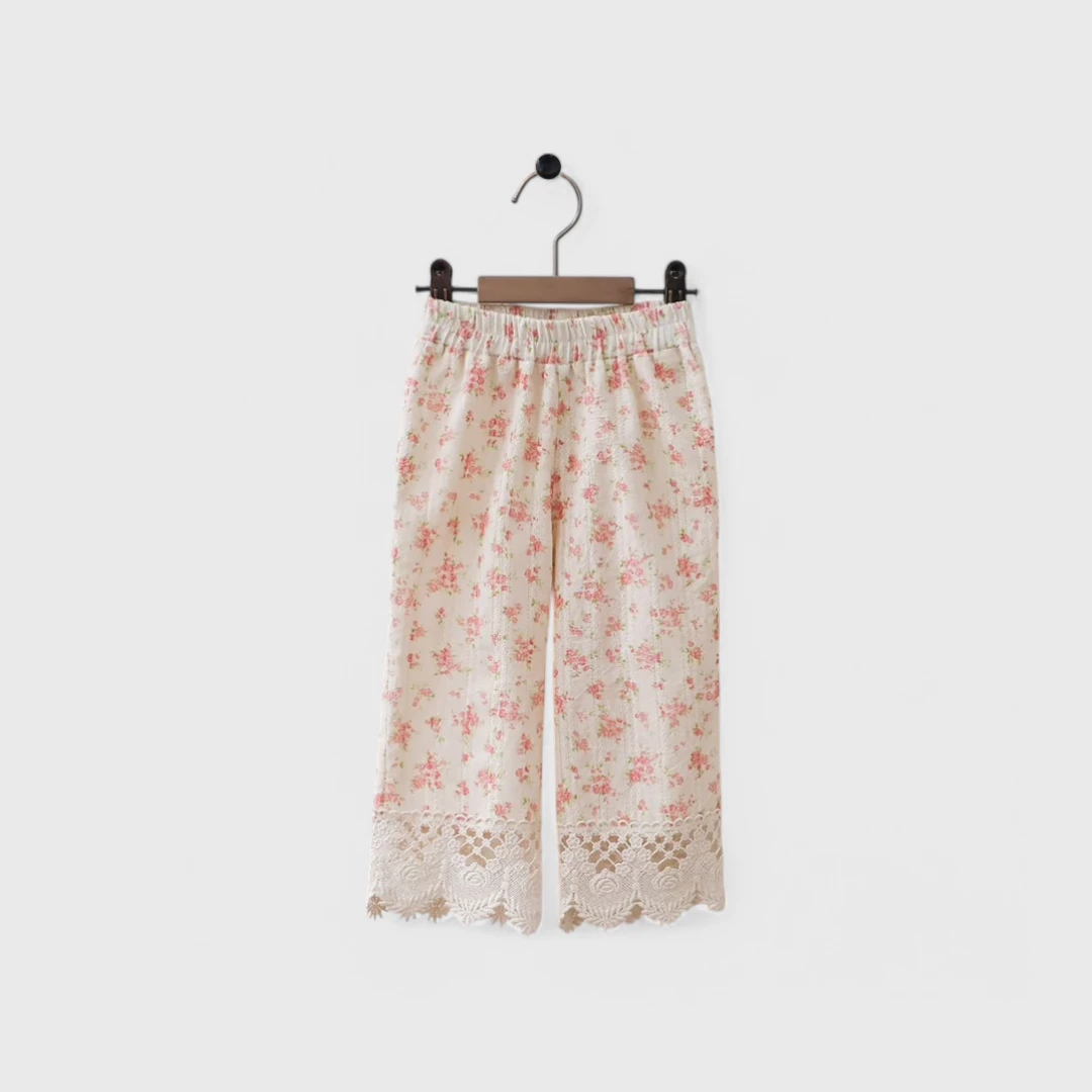 Бежевые цветочные брюки с кружевом