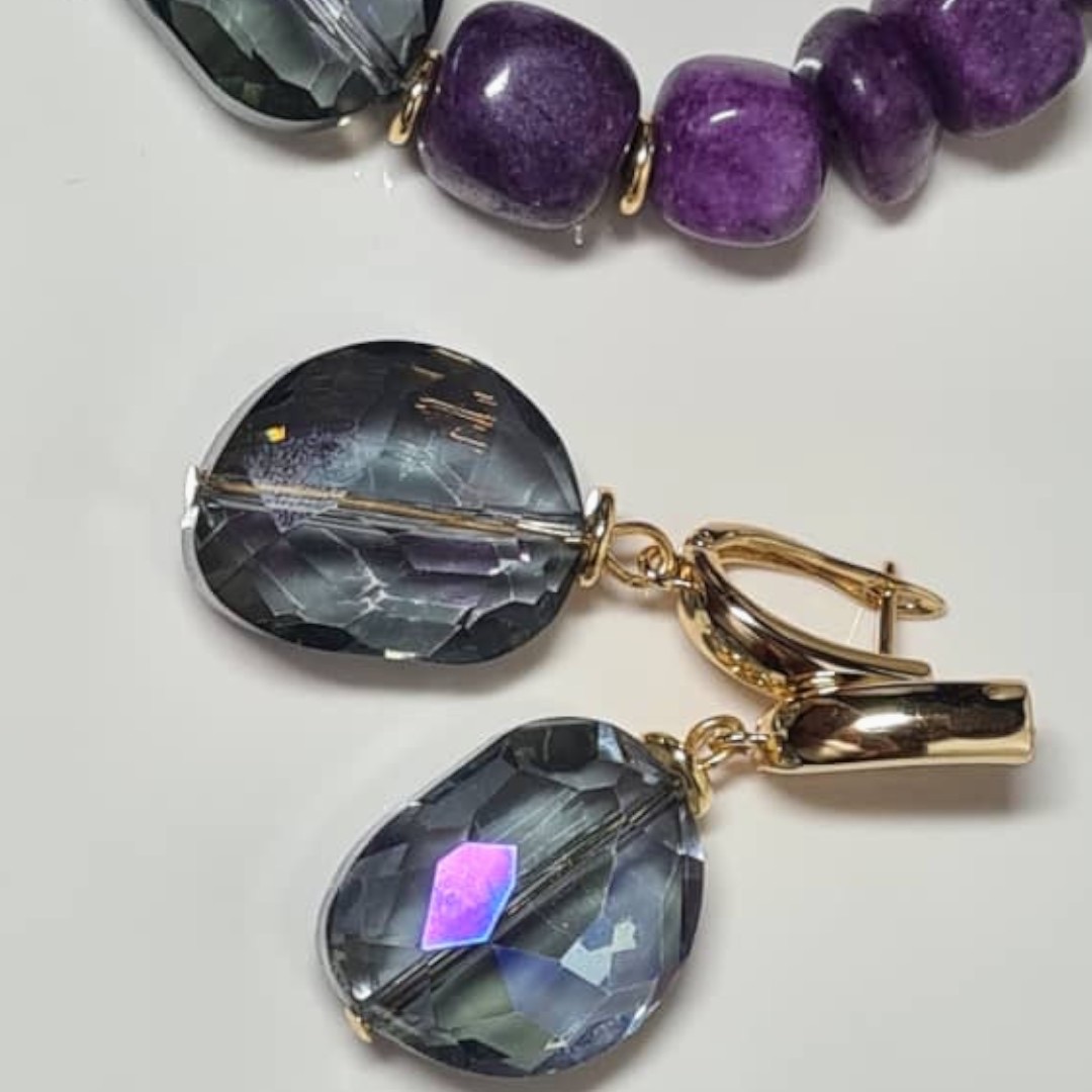 Комплект из браслета с серьгами с аметистом и горным хрусталем 