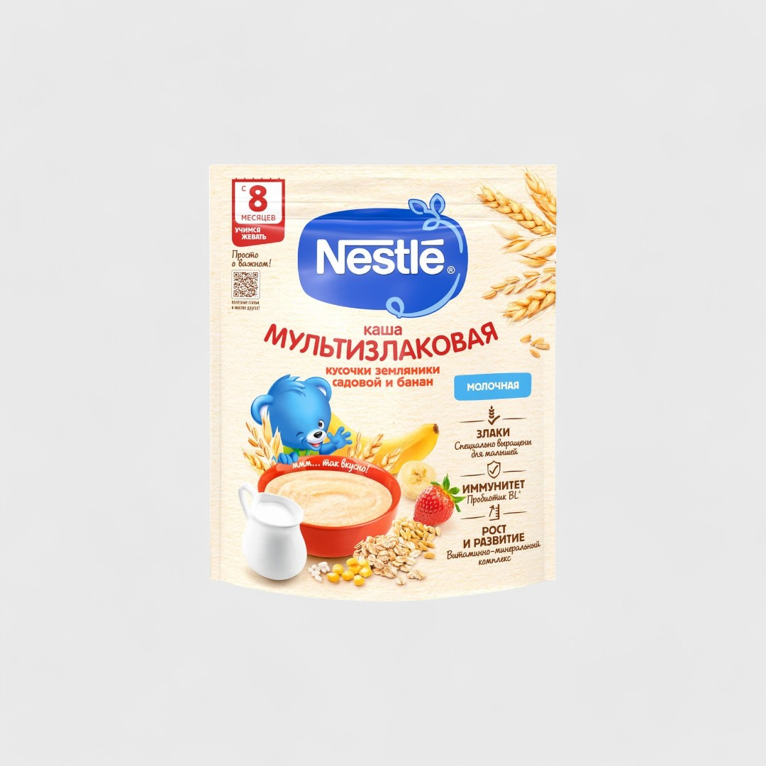 Nestlé молочная каша мультизлаковая с кусочками земляники и банана