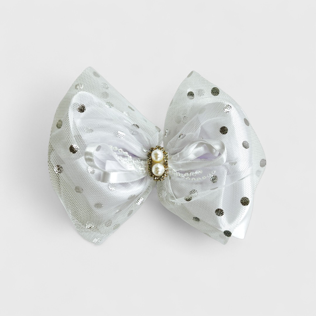 Серебристый бант с горошком для волос