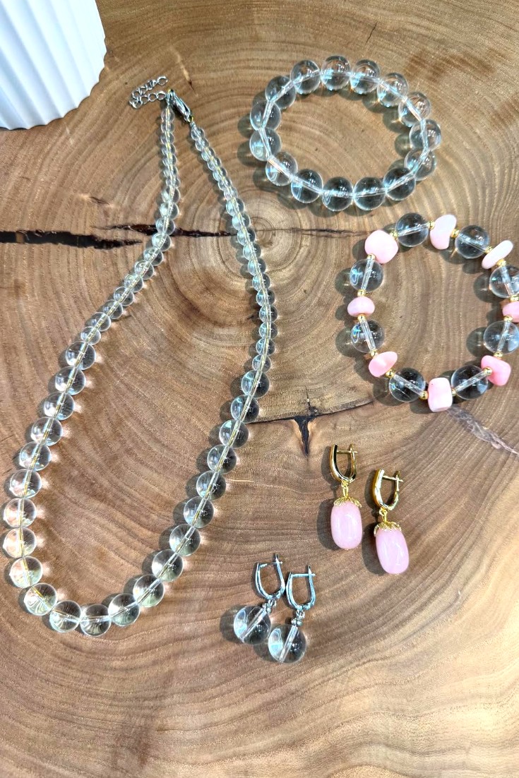 Браслет розового кварца и горного хрусталя