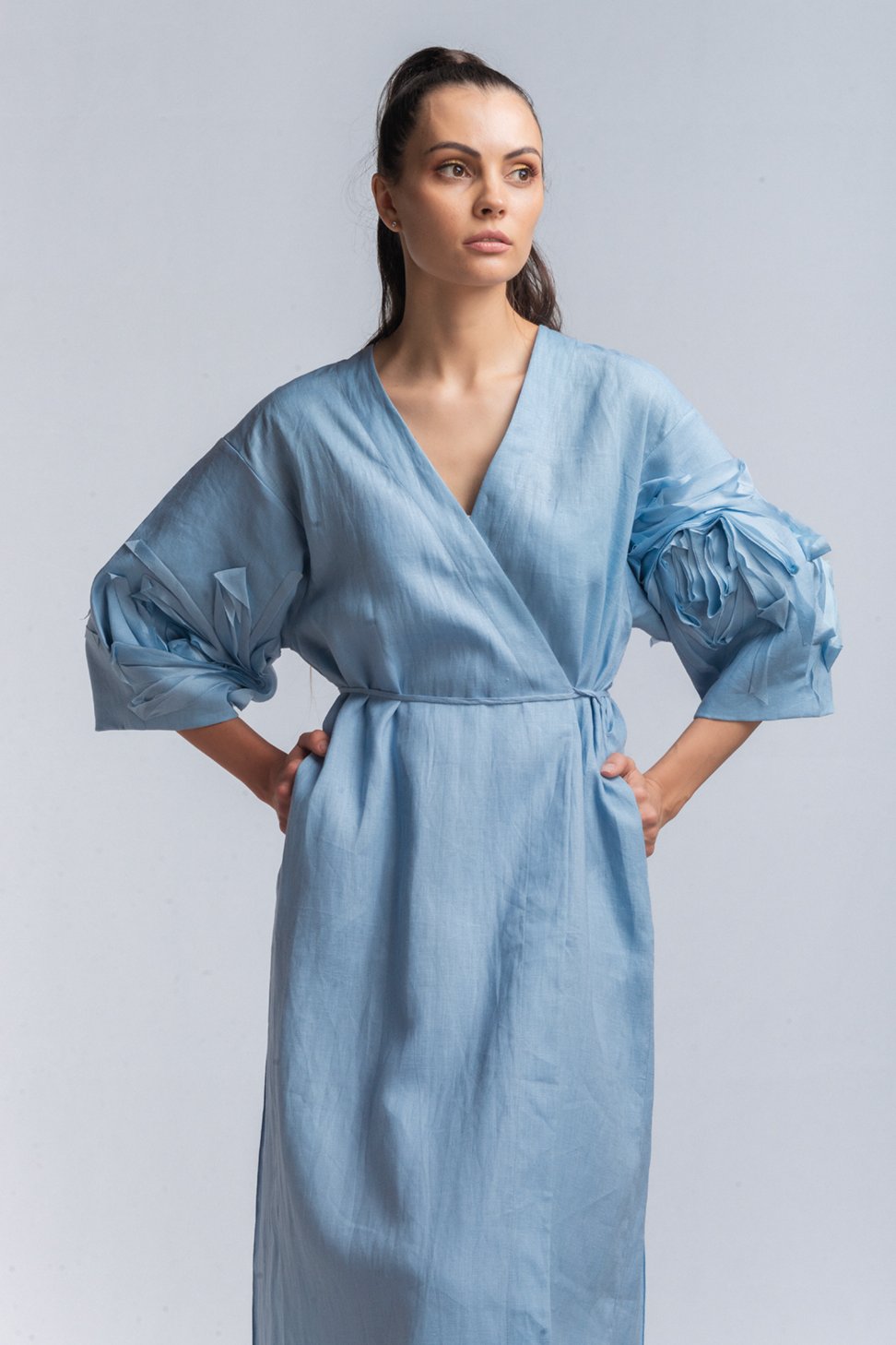 Razia Linen Wrap Dress with Embroidered Sleeves