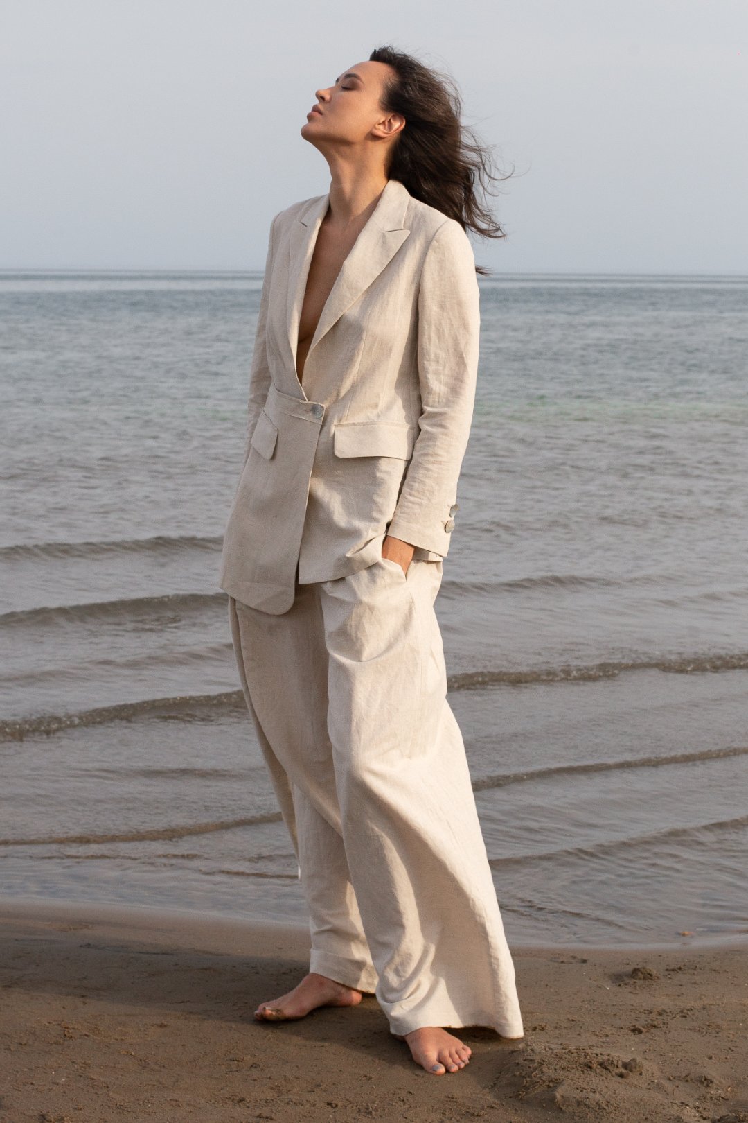 Linen Fly Palazzo Pants with Side Drape