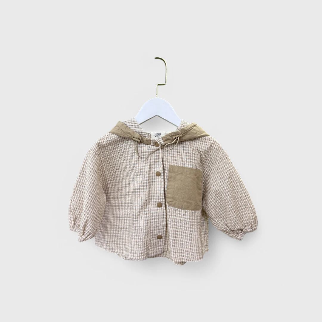 Бежевый куртка клеточная с капюшоном 