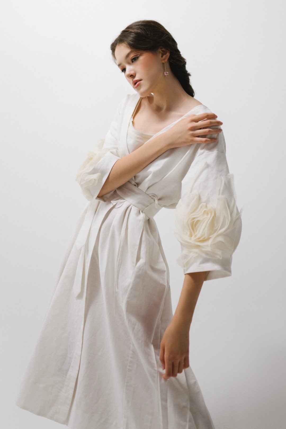 Razia Linen Wrap Dress with Embroidered Sleeves