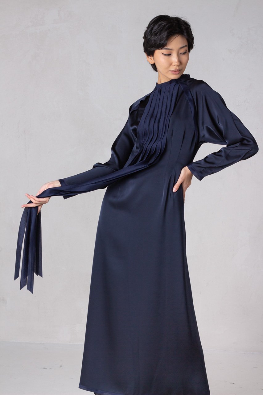 Navy Lilia Satin Dress with Long Sleeves