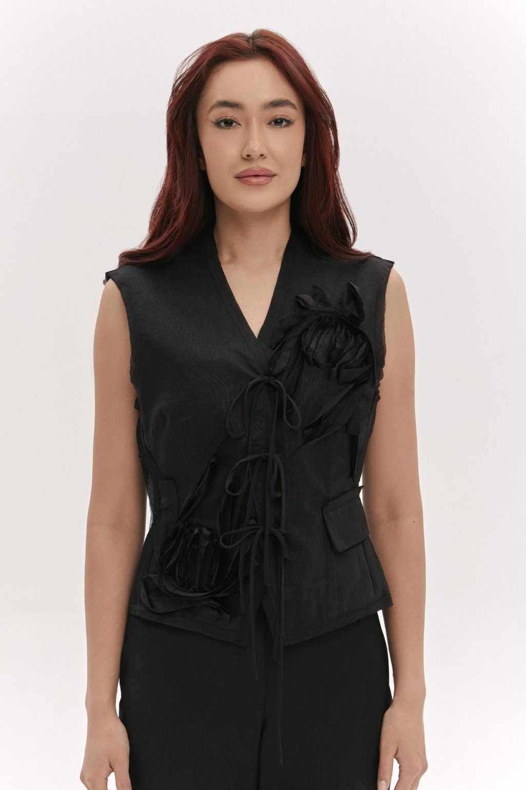 Black Sonata Linen Vest with Embroidered Flowers