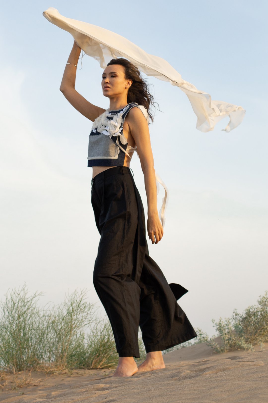 Black Linen Fly Palazzo Pants with Side Drape