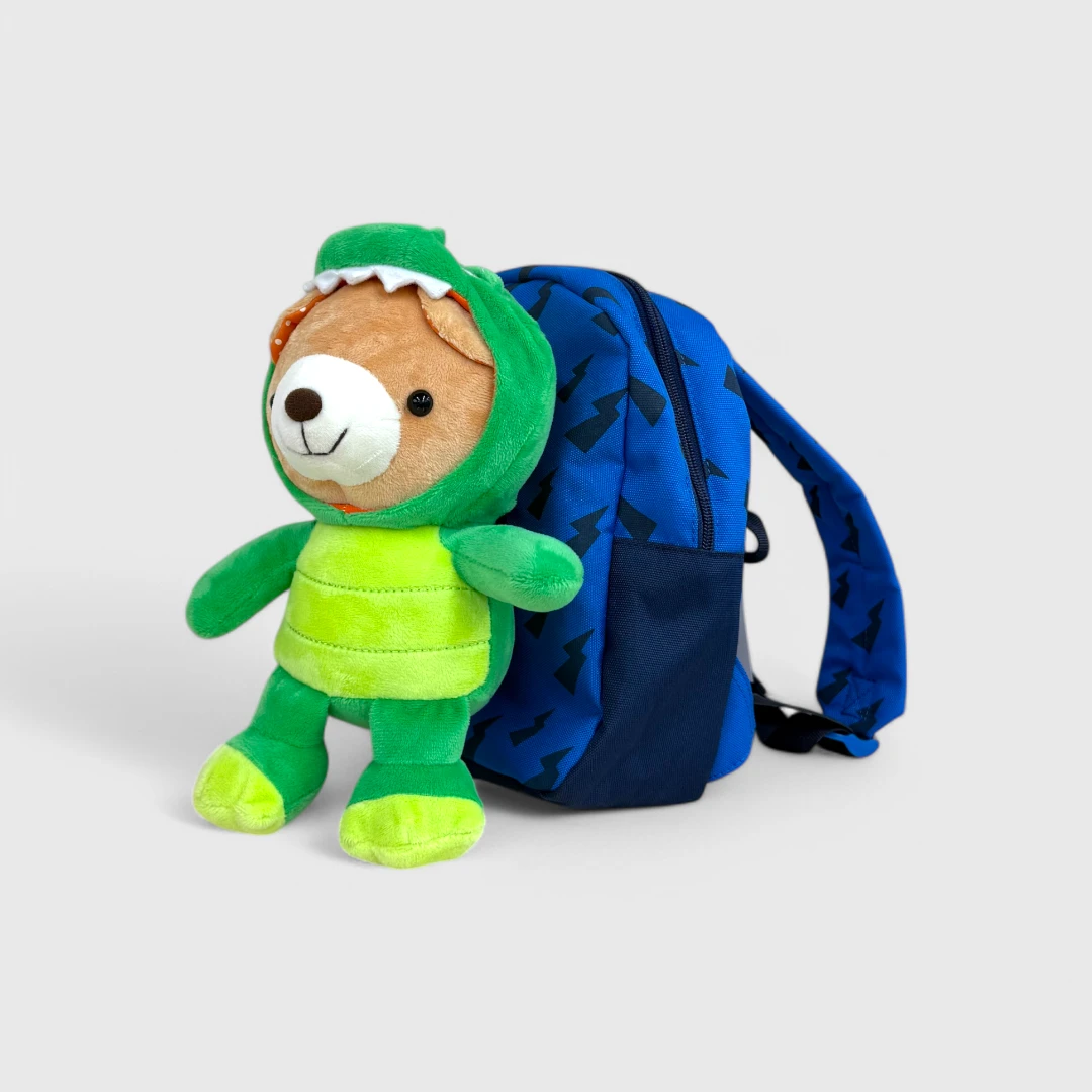 Синий рюкзак с зеленой игрушкой-липучкой