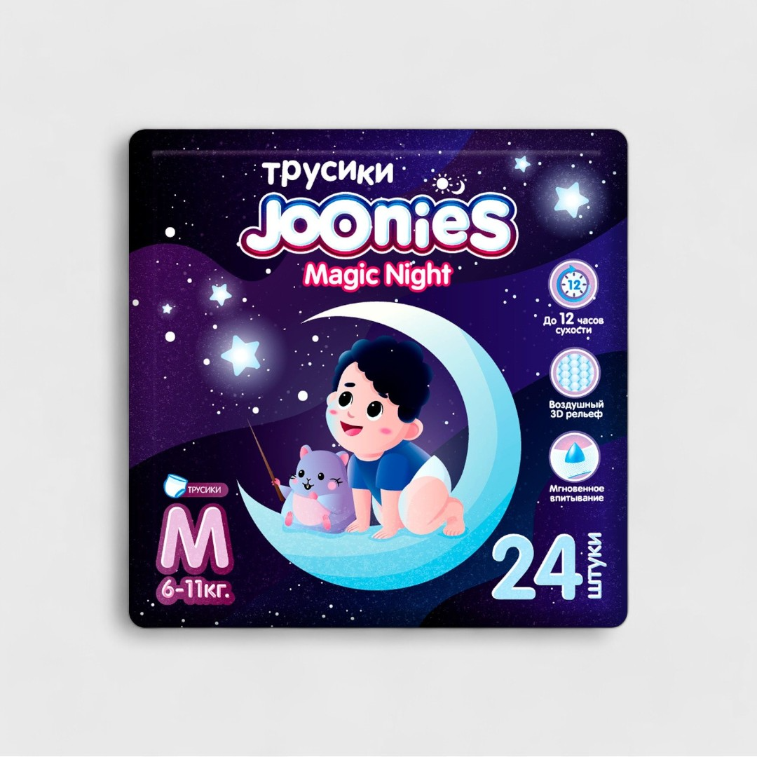 Подгузники-трусики Joonies Magic Night, M (6-11 кг), 24 шт