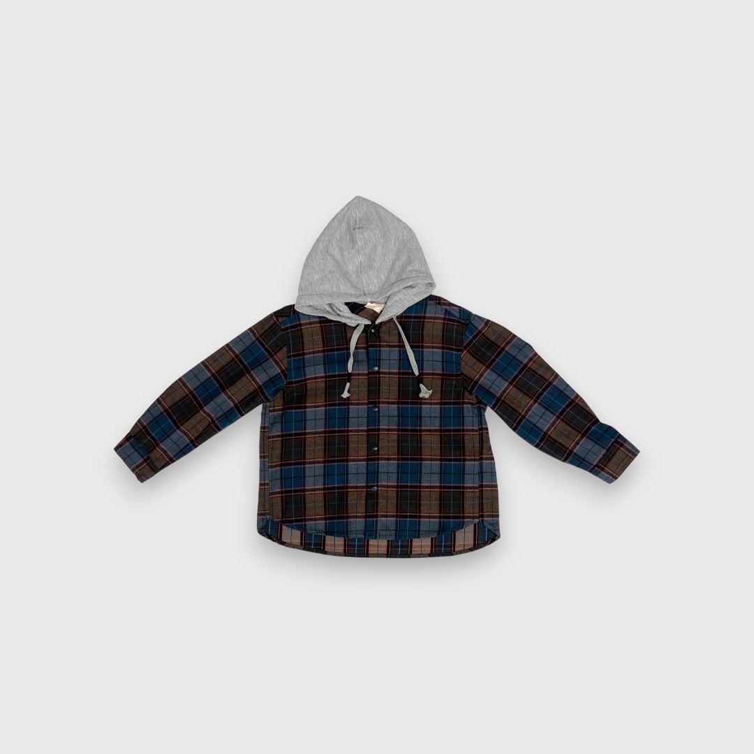 Клетчатая рубашка с серым капюшоном