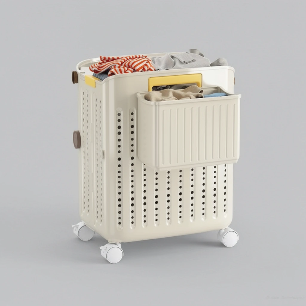 Белая корзина для белья с колесами
