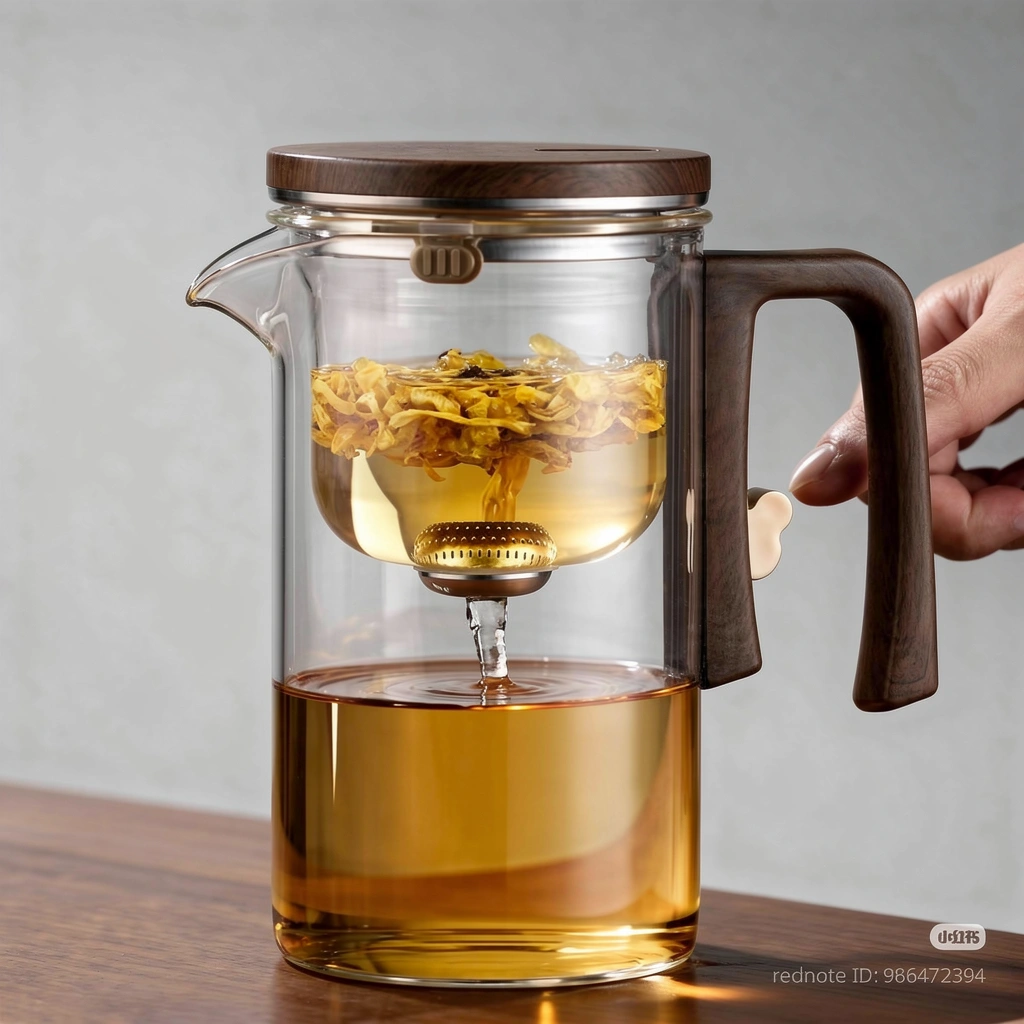 Прозрачный чайник с деревянной ручкой